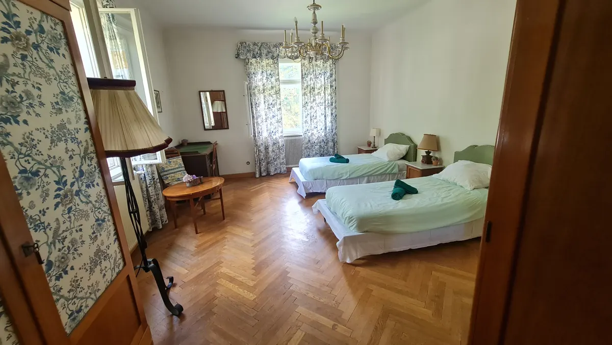 Two single beds with green headboards, seen through an open door with a painted wardrobe.